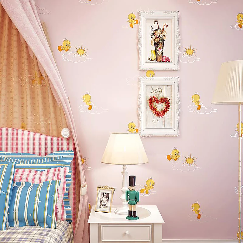 Papel pintado de pato de dibujos animados novedoso para dormitorio infantil decoración de pared de 33' x 20,5" en rosa cla...