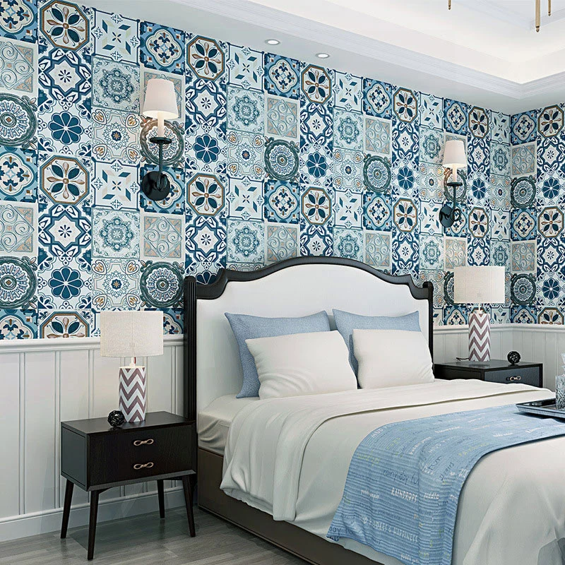 Papel pintado no pegado con azulejos azules y grises de estilo bohemio, 20,5 pulgadas x 33 pies Clearhalo
