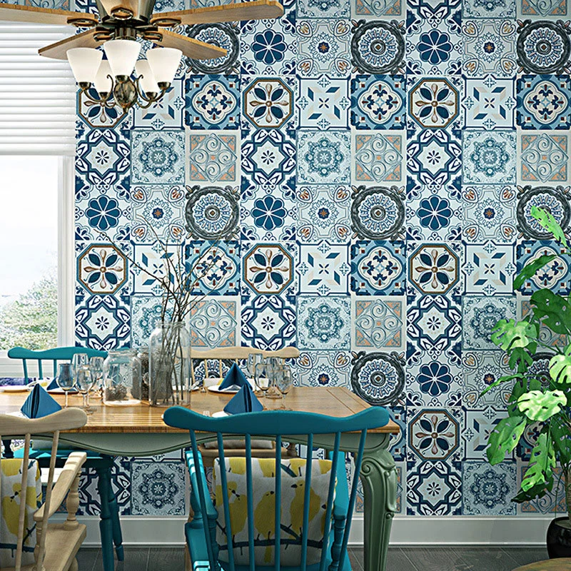 Papel pintado no pegado con azulejos azules y grises de estilo bohemio, 20,5 pulgadas x 33 pies Clearhalo