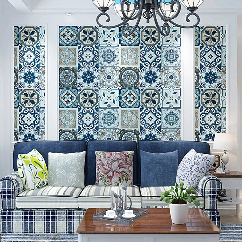 Papel pintado no pegado con azulejos azules y grises de estilo bohemio, 20,5 pulgadas x 33 pies Clearhalo