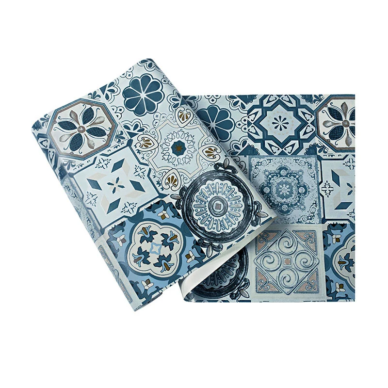 Papel pintado no pegado con azulejos azules y grises de estilo bohemio, 20,5 pulgadas x 33 pies Clearhalo