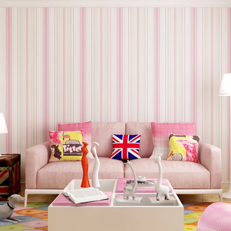 Papel pintado no pegado de rayas verticales para niños, 33'L x 20.5"W, color claro Rosa Clearhalo
