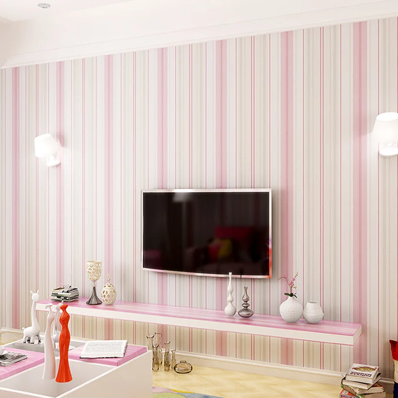 Papel pintado no pegado de rayas verticales para niños, 33'L x 20.5"W, color claro Rosa Clearhalo