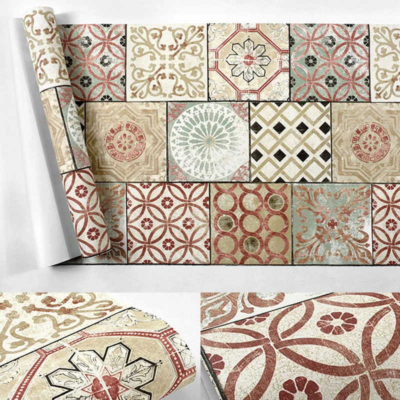 Papel pintado sin pegar con azulejos multicolores de estilo Bohe, 33' por 20,5" Rojo Clearhalo