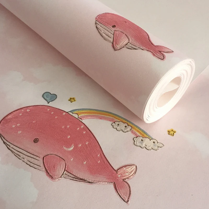 Papel pintado no tejido con delfín de dibujos animados azul o rosa para niños, 20,5 pulgadas x 33 pies, sin pegar Azul Cle...