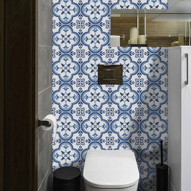 Papel tapiz de azulejos turcos Boho Quatrefoil, 50 piezas, arte de pared de pelar y pegar azul para cocina Clearhalo
