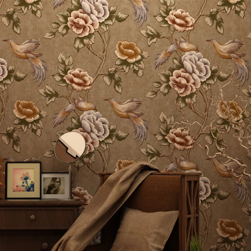 Papel tapiz con estampado de pájaros y peonías, revestimiento de paredes de campo de Color oscuro para sala de estar Marro...
