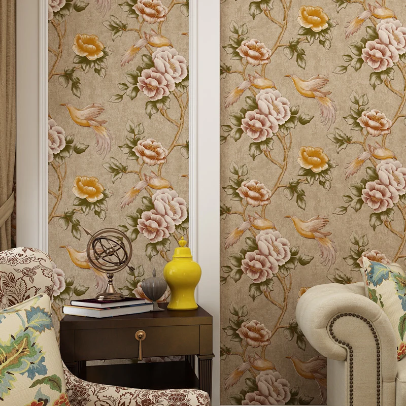Papel tapiz con estampado de pájaros y peonías, revestimiento de paredes de campo de Color oscuro para sala de estar Marro...