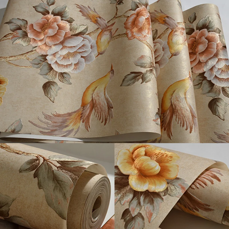 Papel tapiz con estampado de pájaros y peonías, revestimiento de paredes de campo de Color oscuro para sala de estar Marro...