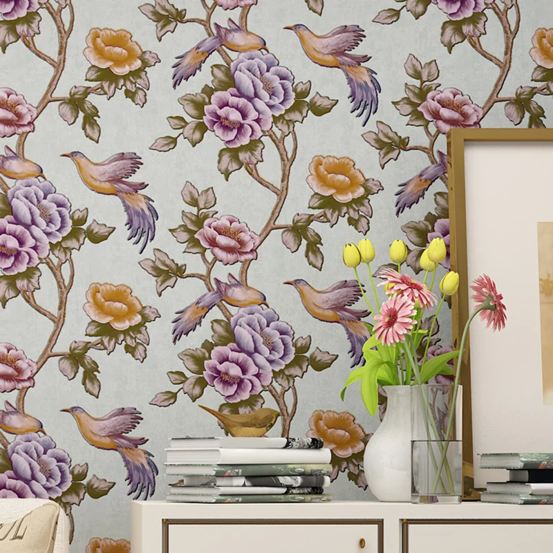 Papel tapiz con estampado de pájaros y peonías, revestimiento de paredes de campo de Color oscuro para sala de estar Marro...