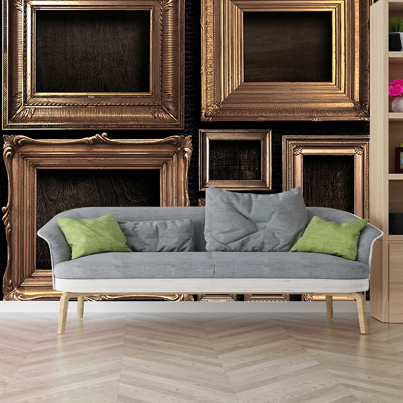 Papel tapiz con marco de fotos de estilo retro para decoración de pared completa de sala de estar en gris-dorado Gris Clea...