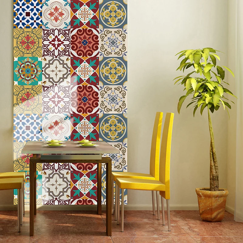 Papel tapiz despegable con mandala bohemio, arte de pared para comedor en rojo, amarillo y azul, 8,6 pies cuadrados Clearhalo