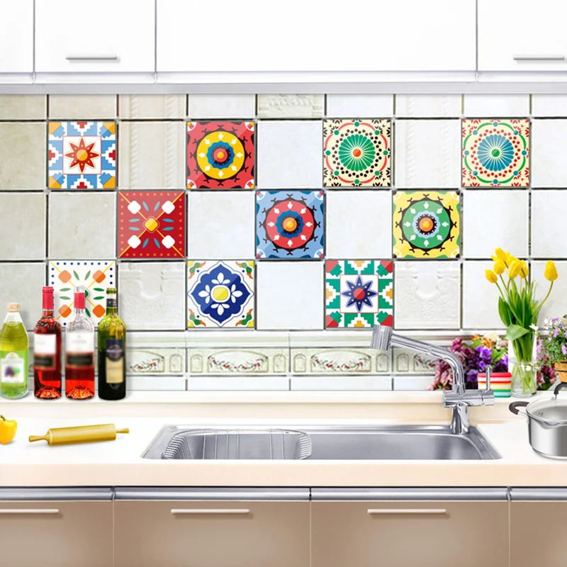 Papel tapiz de estilo bohemio con diseño de mandala para cocina, arte de pared de 4.3 pies cuadrados en rojo, amarillo, az...