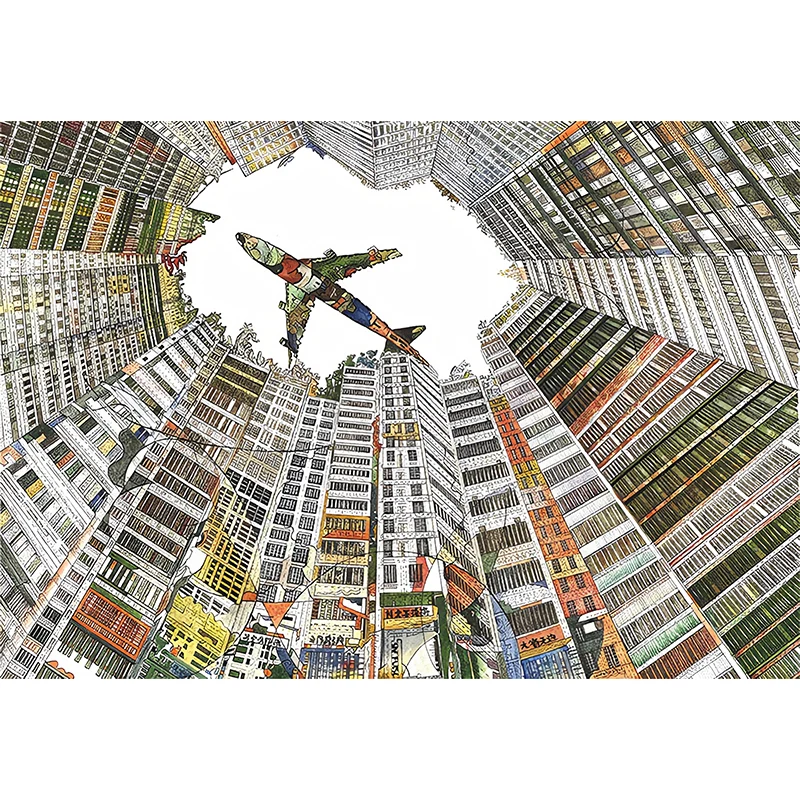 Papel tapiz mural abstracto Avión y área residencial apilada Arte de pared abstracto para decoración Blanco Clearhalo