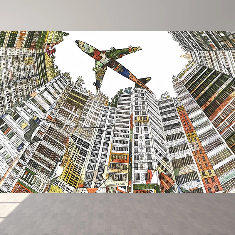 Papel tapiz mural abstracto Avión y área residencial apilada Arte de pared abstracto para decoración Blanco Clearhalo