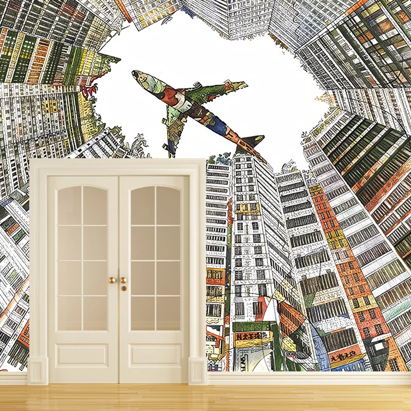 Papel tapiz mural abstracto Avión y área residencial apilada Arte de pared abstracto para decoración Blanco Clearhalo