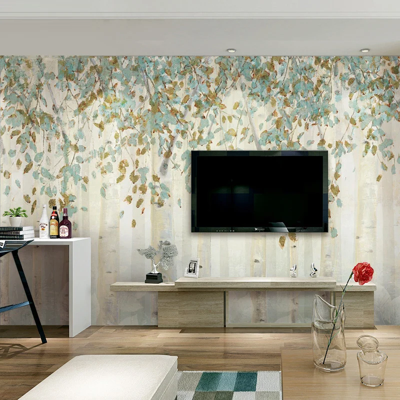Papel tapiz mural de bosque resistente las manchas, arte de pared minimalista de tamaño completo en azul y marrón para sal...