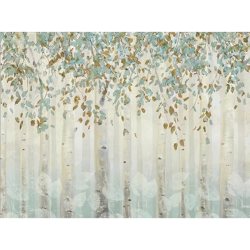 Papel tapiz mural de bosque resistente las manchas, arte de pared minimalista de tamaño completo en azul y marrón para sal...