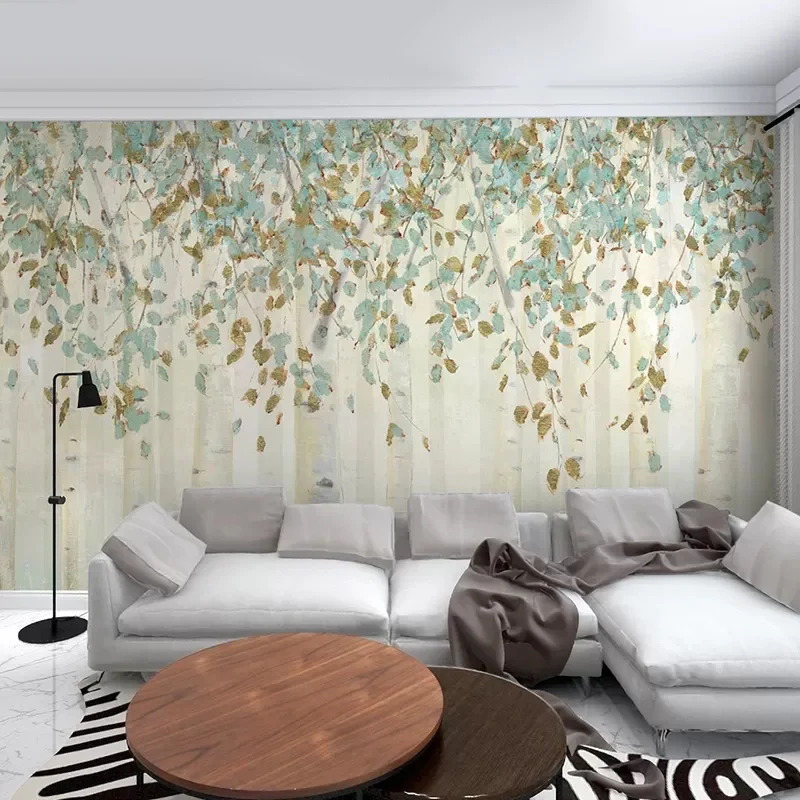 Papel tapiz mural de bosque resistente las manchas, arte de pared minimalista de tamaño completo en azul y marrón para sal...