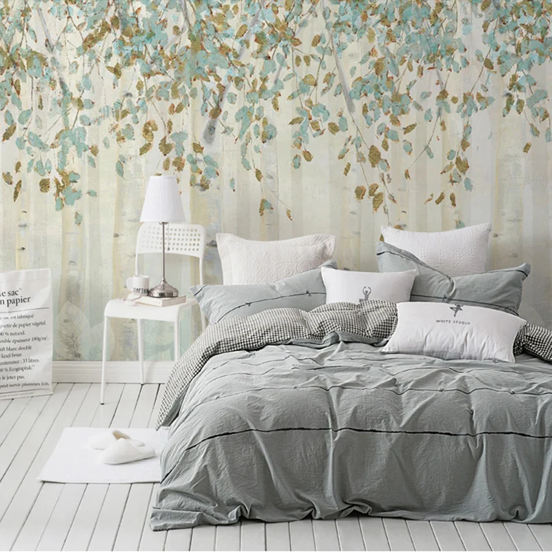 Papel tapiz mural de bosque resistente las manchas, arte de pared minimalista de tamaño completo en azul y marrón para sal...