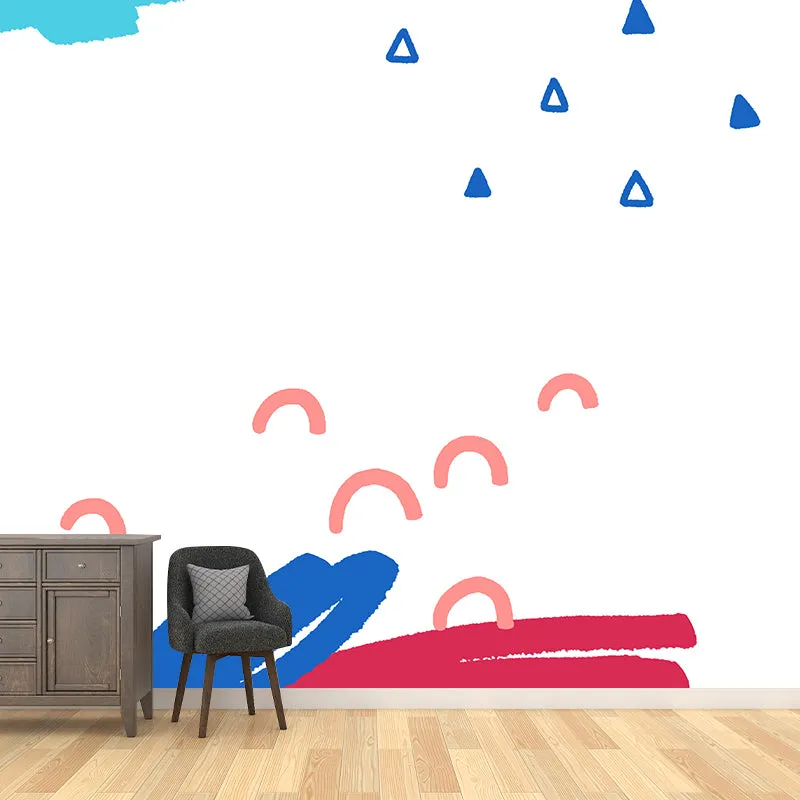 Papel tapiz mural con garabatos para niños, arte de pared con patrón de arco y triángulo azul y rojo para guarderí Azul Cl...