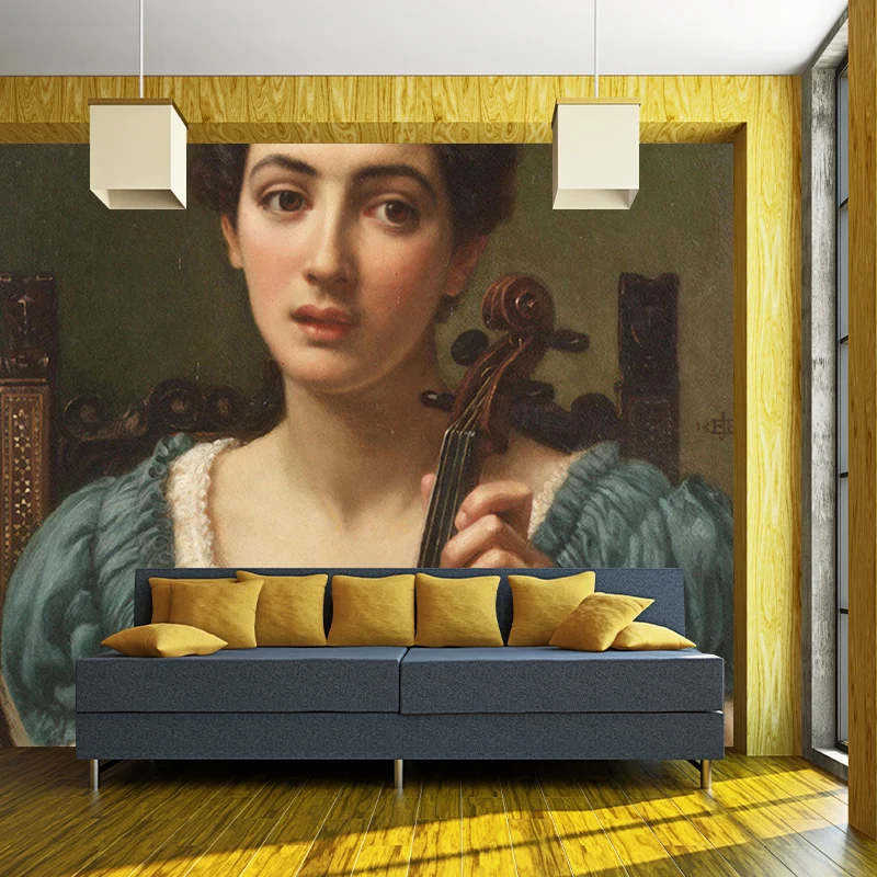 Papel tapiz Mural de estilo victoriano, revestimiento de paredes con retrato de mujer azul y marrón con violín Azul Clearhalo