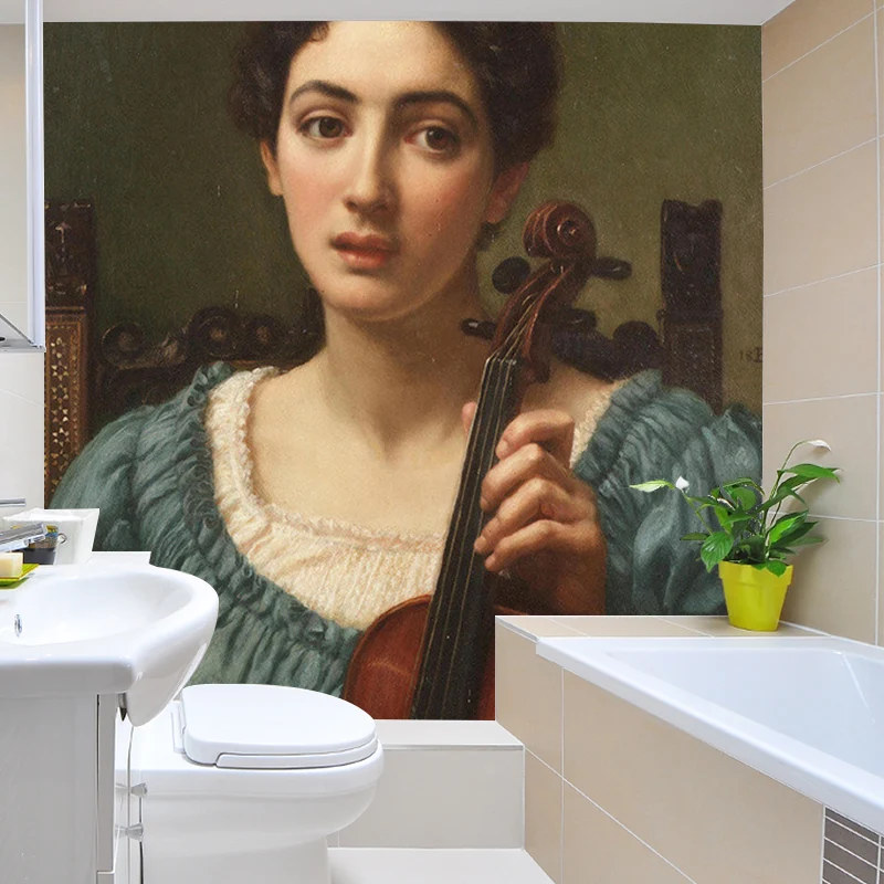 Papel tapiz Mural de estilo victoriano, revestimiento de paredes con retrato de mujer azul y marrón con violín Azul Clearhalo