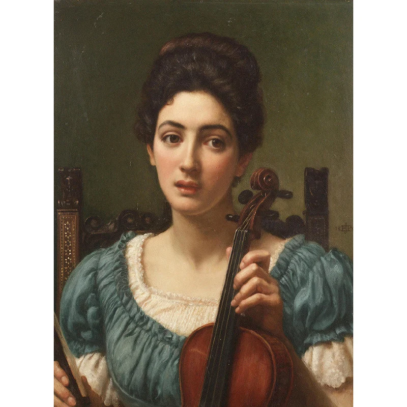 Papel tapiz Mural de estilo victoriano, revestimiento de paredes con retrato de mujer azul y marrón con violín Azul Clearhalo