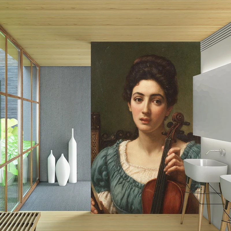 Papel tapiz Mural de estilo victoriano, revestimiento de paredes con retrato de mujer azul y marrón con violín Azul Clearhalo