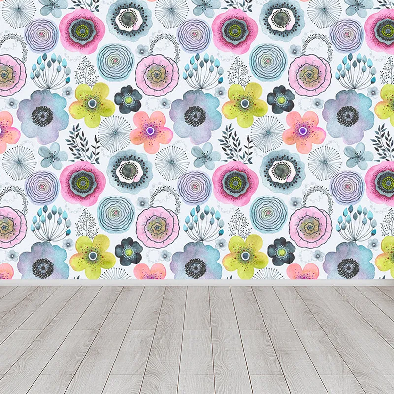 Papel tapiz Mural de flores coloridas, arte de pared moderno abstracto resistente la humedad para habitación Blanco Clearhalo