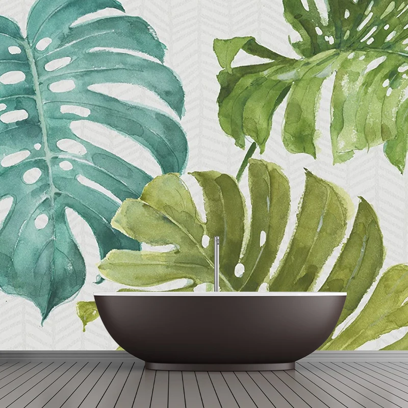 Papel tapiz Mural de hojas tropicales enteras para habitación de invitados, revestimiento de paredes de plantas verdes en...
