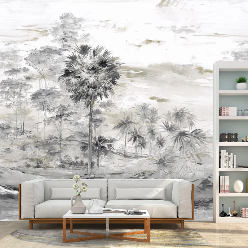 Papel tapiz mural de jungla resistente la humedad, arte de pared retro hecho medida para decoración de sala de estar Gris...