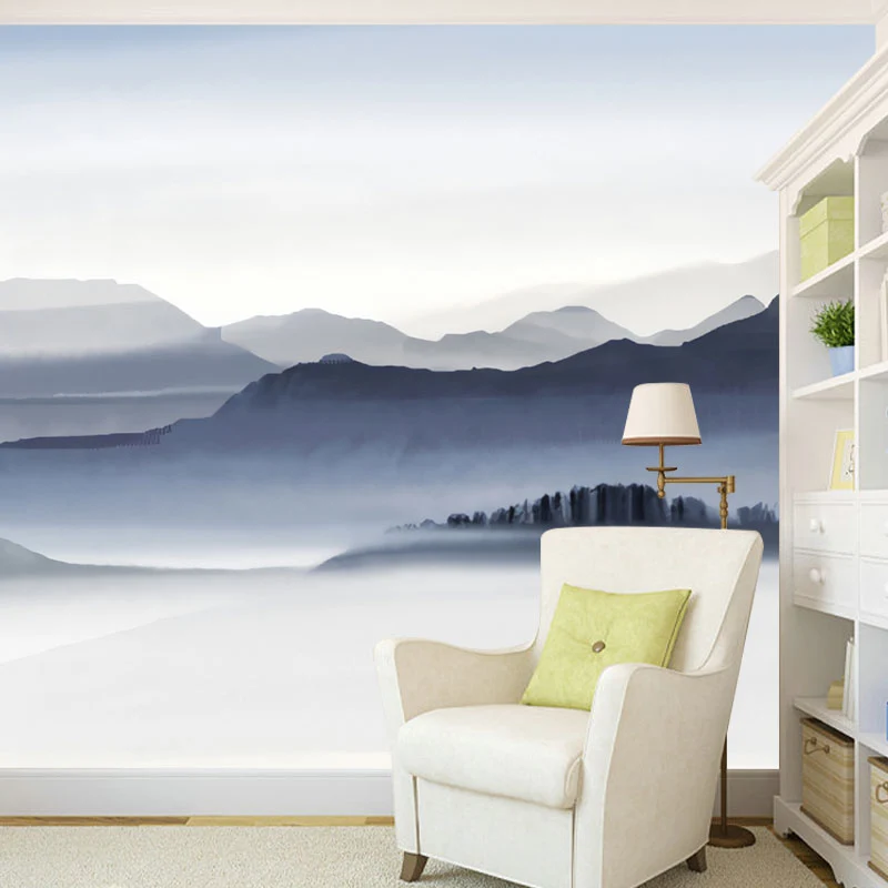 Papel tapiz mural minimalista azul y gris, revestimiento de paredes de montañ de tamaño completo para pared decorativa Azu...