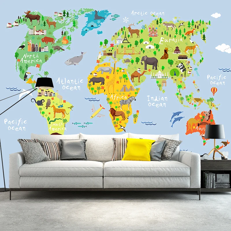 Papel tapiz Mural Simple azul y verde, tamaño personalizado, mapa del mundo, arte de pared para pared decorativa Azul Clea...