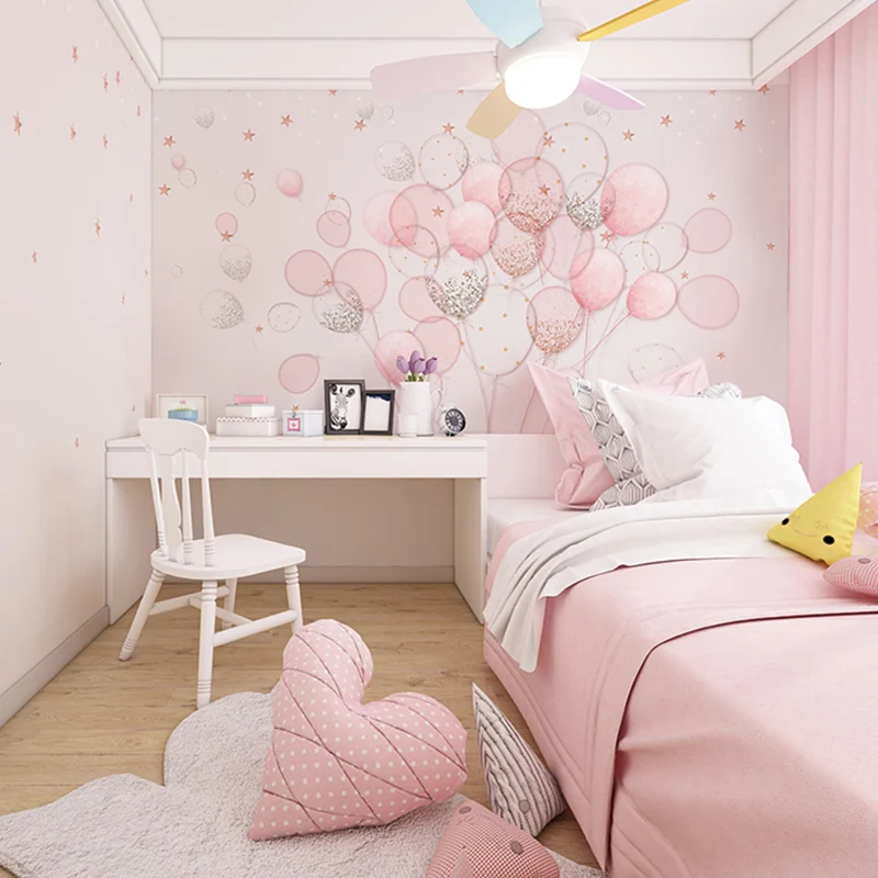Papel tapiz mural simple rosa, arte de pared con globos de dibujos animados de tamaño completo para dormitorio de niñ Rosa...
