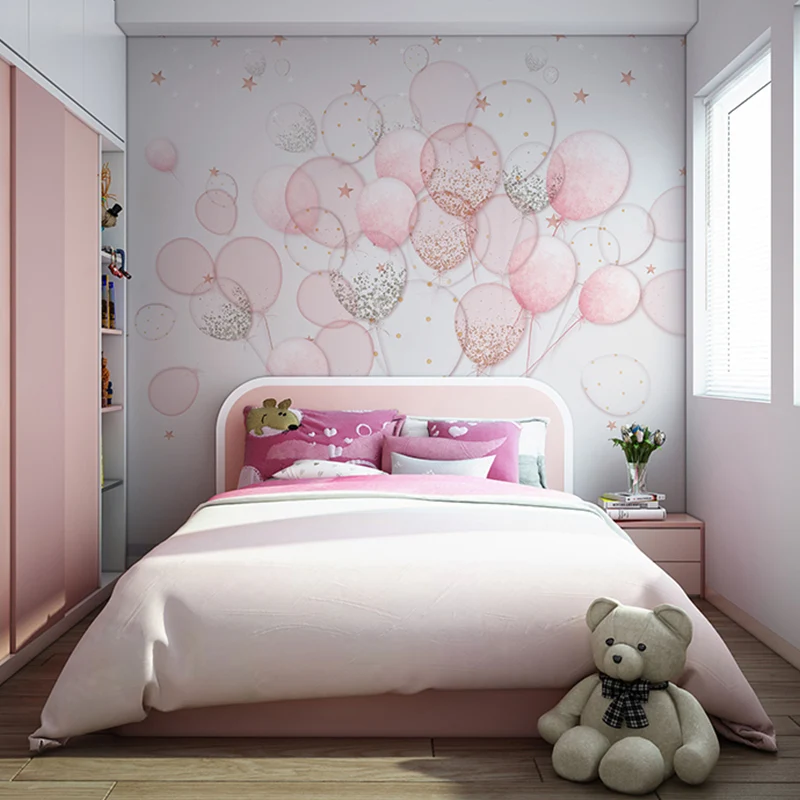 Papel tapiz mural simple rosa, arte de pared con globos de dibujos animados de tamaño completo para dormitorio de niñ Rosa...
