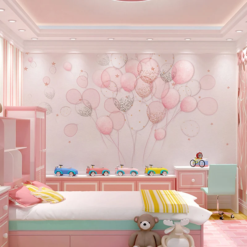 Papel tapiz mural simple rosa, arte de pared con globos de dibujos animados de tamaño completo para dormitorio de niñ Rosa...