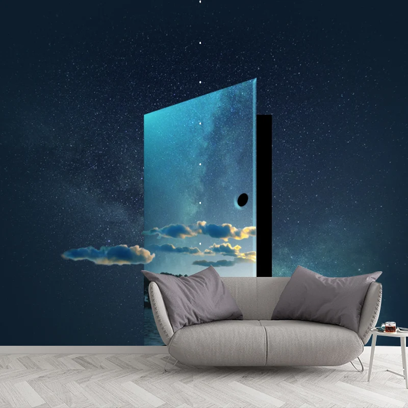 Papel tapiz de murales de viaje en el tiempo futurista, decoración de pared de tela no tejida azul para dormitorio Azul Cl...