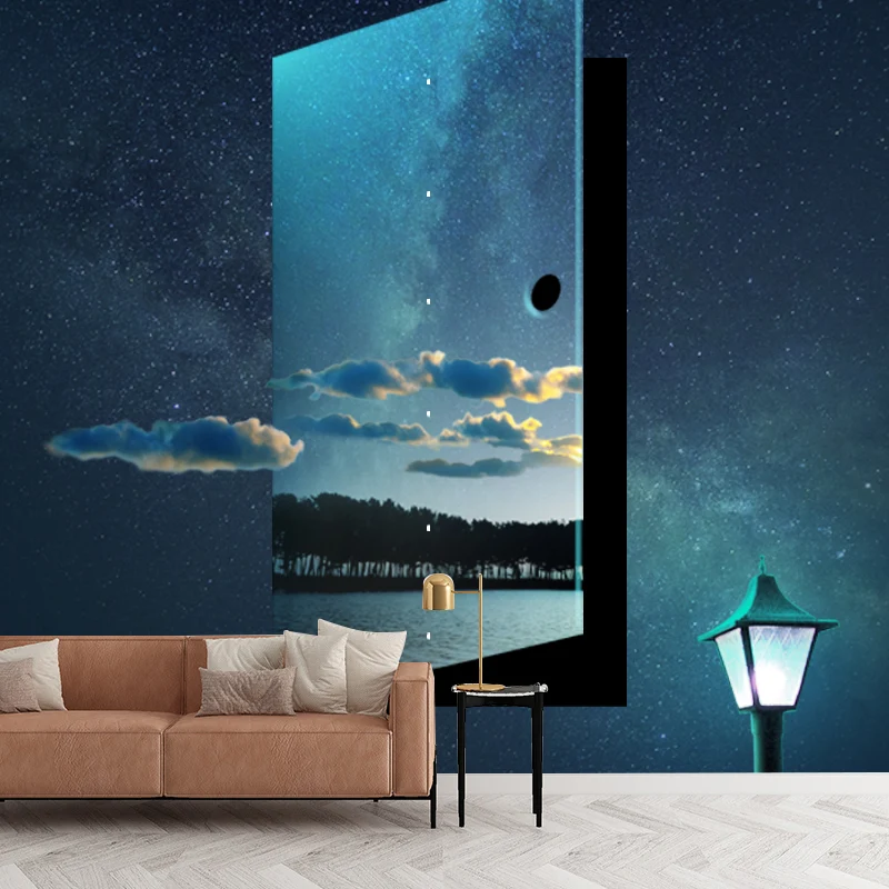 Papel tapiz de murales de viaje en el tiempo futurista, decoración de pared de tela no tejida azul para dormitorio Azul Cl...