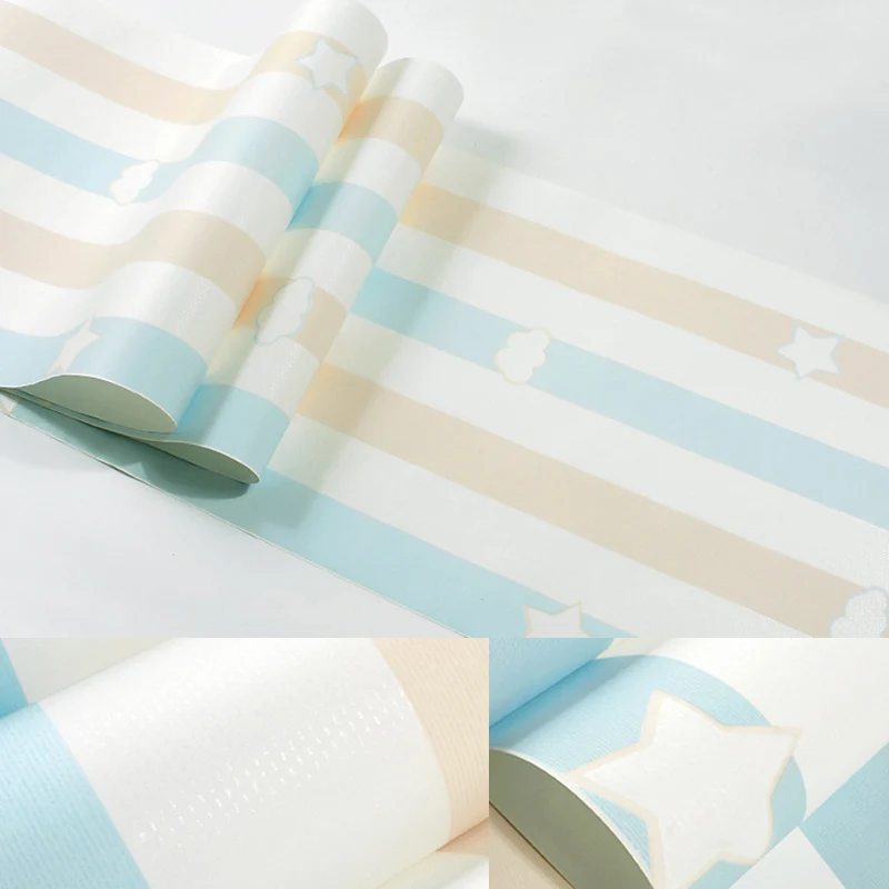 Papel tapiz de rayas verticales y estrellas en multicolor para niños 33'L x 20.5"W Sin pegar Azul Clearhalo