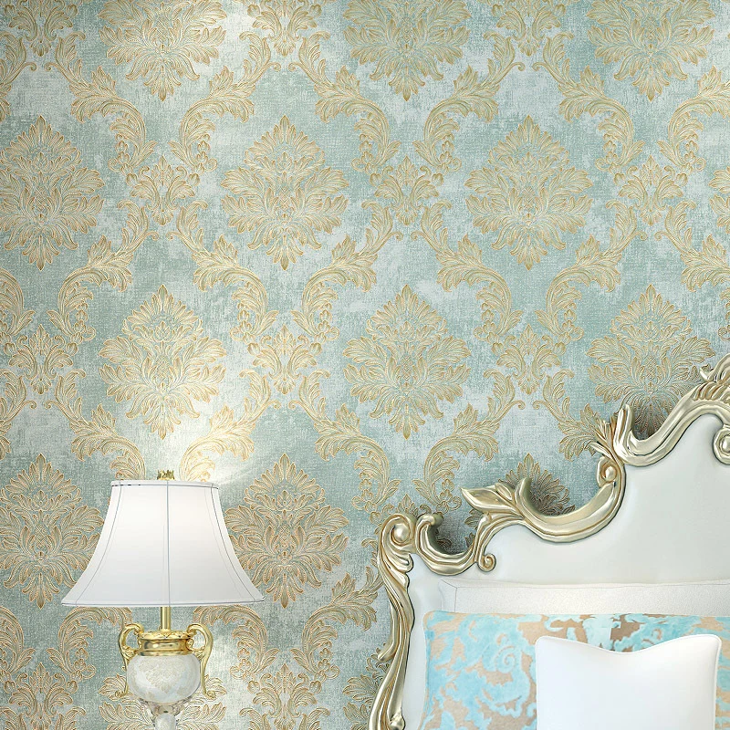 Papel tapiz retro de Damasco, arte de pared de Color suave resistente la humedad satinado para decoración de dormitorio Ve...