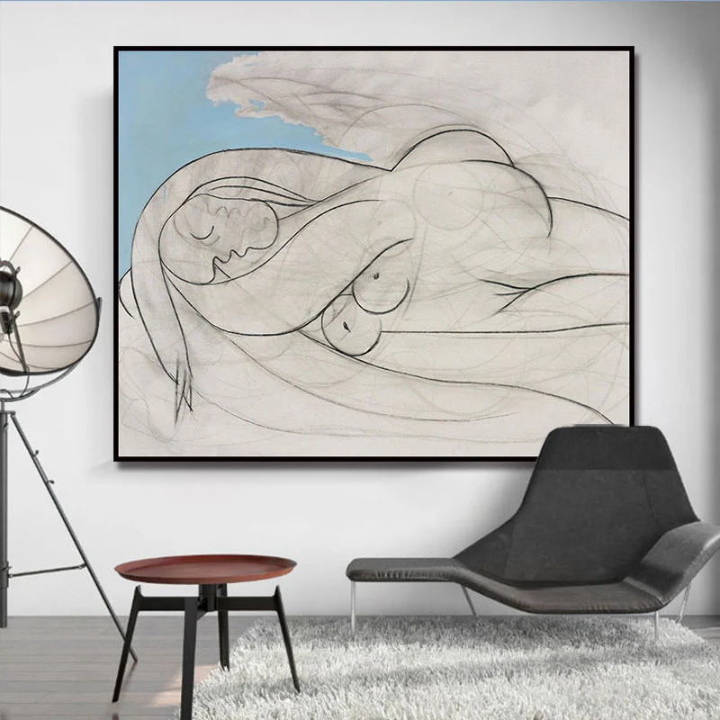Picasso Line Sketch Mujer Lienzo Blanco Minimalista Arte de pared para sala de estar Blanco Clearhalo