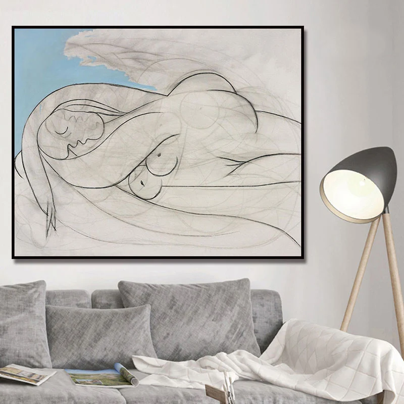 Picasso Line Sketch Mujer Lienzo Blanco Minimalista Arte de pared para sala de estar Blanco Clearhalo