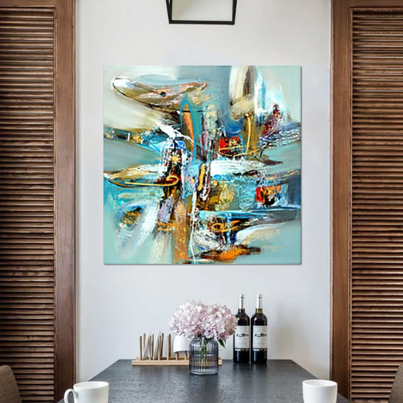 Pintura abstracta moderna de Graffiti, impresión artística de pared con superficie texturizada azul para comedor Clearhalo