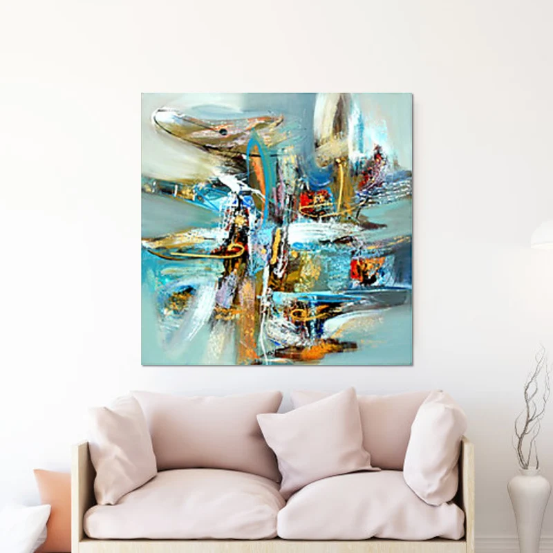 Pintura abstracta moderna de Graffiti, impresión artística de pared con superficie texturizada azul para comedor Clearhalo