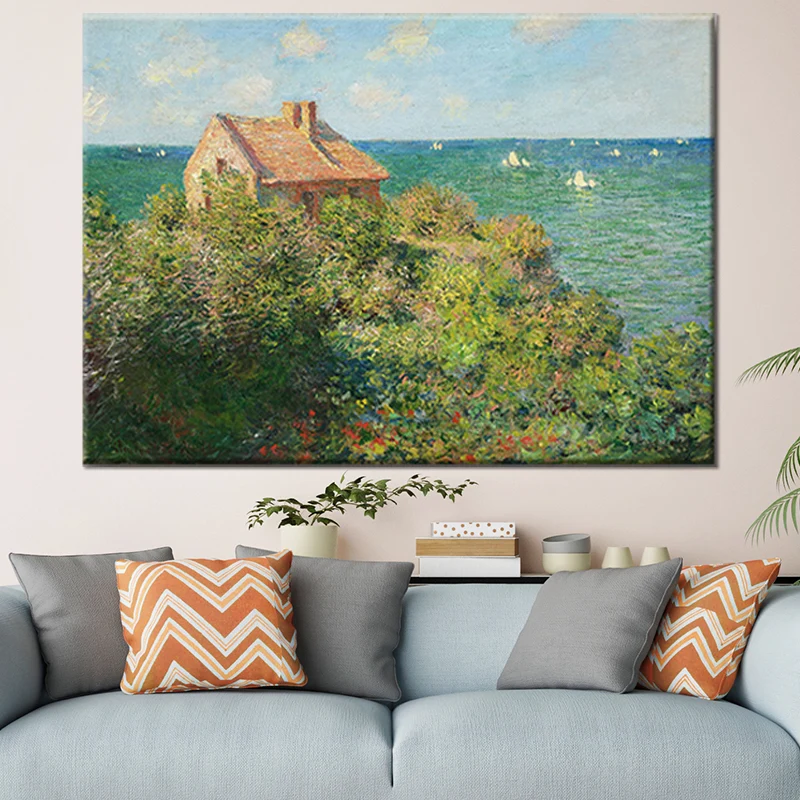 Pintura de cabañ de montañ costera verde, paisaje marino, impresión artística de pared con textura moderna para dormitorio...