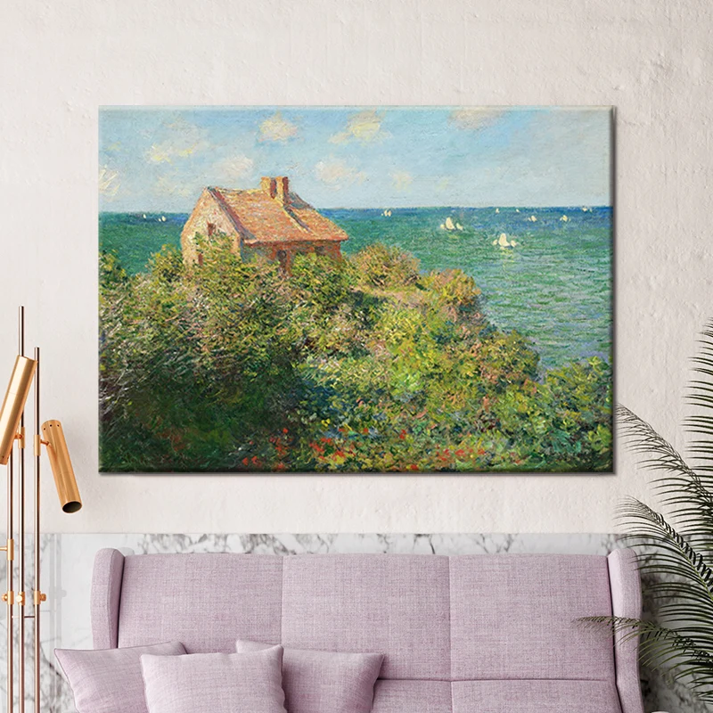 Pintura de cabañ de montañ costera verde, paisaje marino, impresión artística de pared con textura moderna para dormitorio...