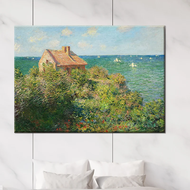 Pintura de cabañ de montañ costera verde, paisaje marino, impresión artística de pared con textura moderna para dormitorio...