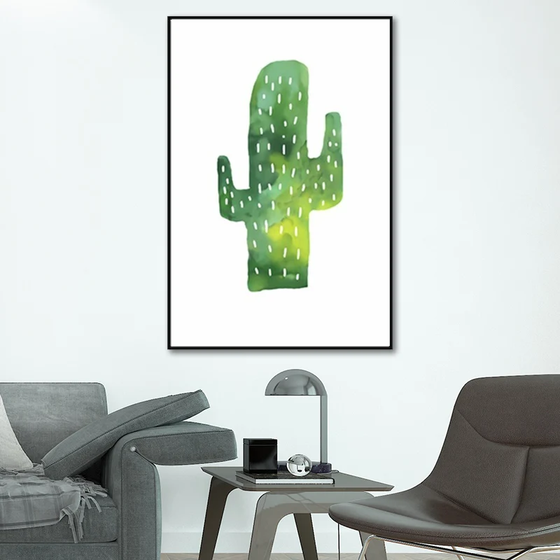 Pintura de cactus tropical, impresión artística, lienzo para sala de estar, en verde sobre blanco, textura Verde Clearhalo