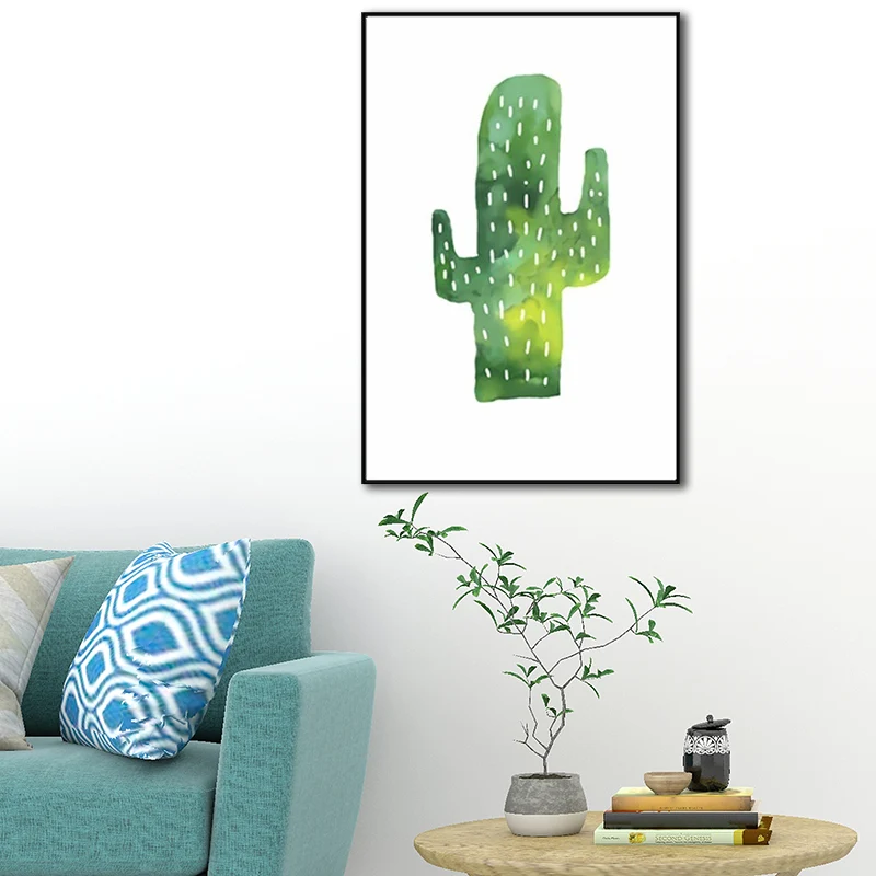 Pintura de cactus tropical, impresión artística, lienzo para sala de estar, en verde sobre blanco, textura Verde Clearhalo
